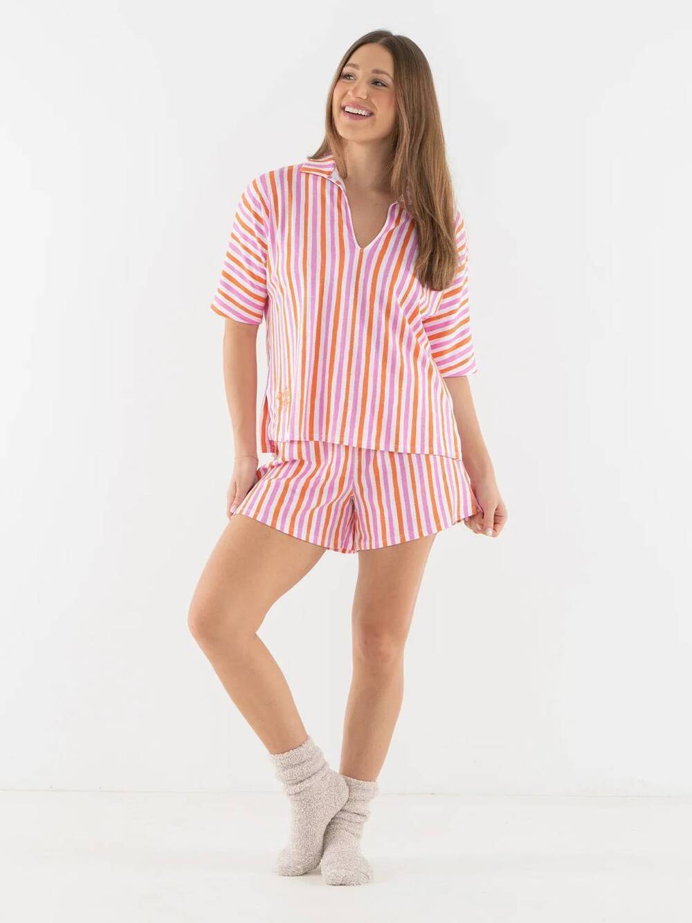 NEW EMILY MCCARTHY pajama short set in coral pink stripe